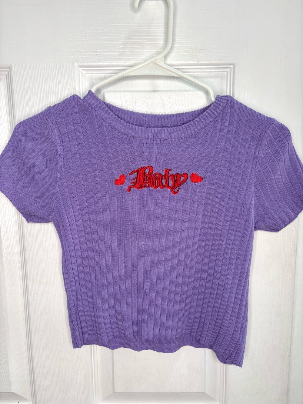 Purple Ribbed Baby and Hearts Embroidered Crop Top